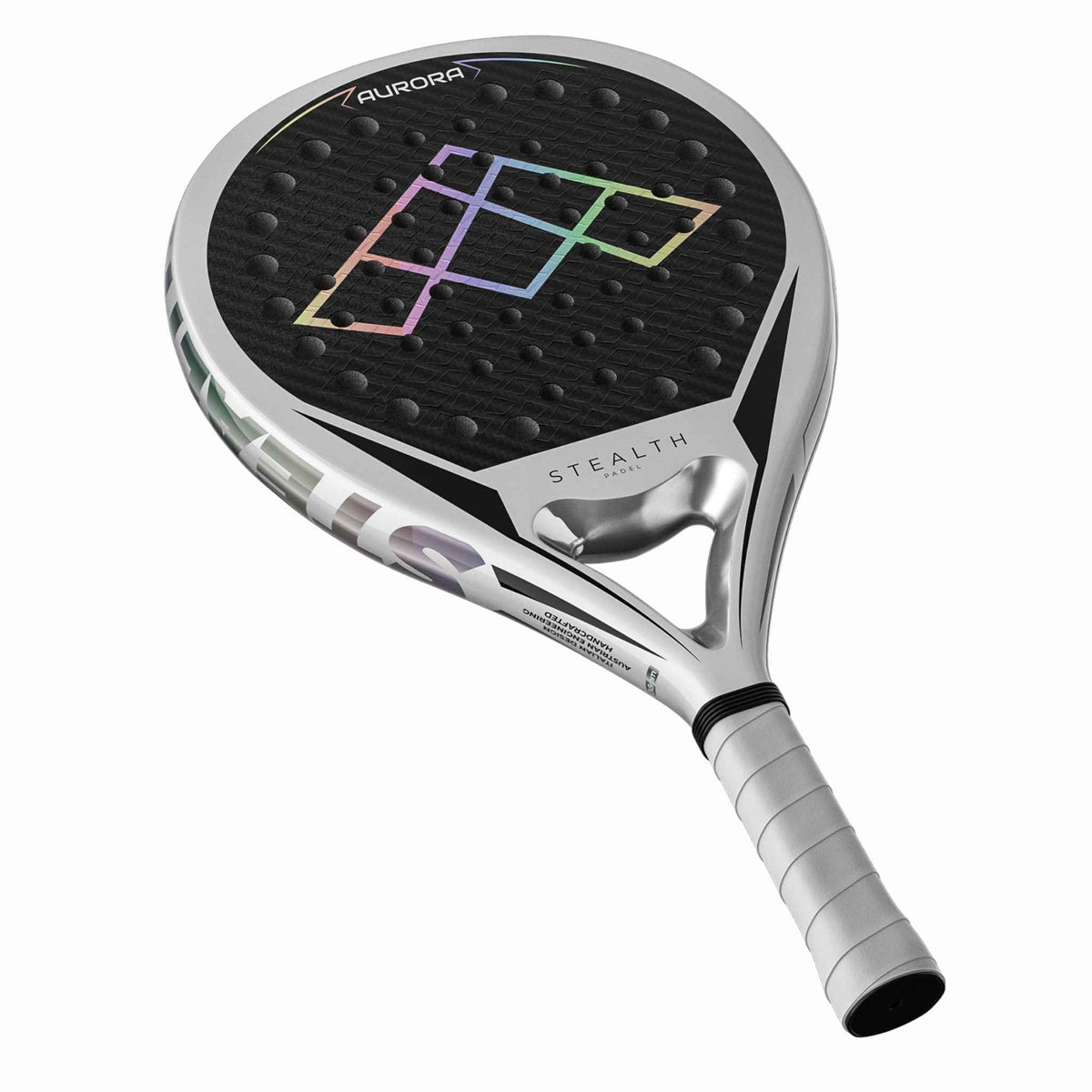 Stealth Padel Aurora Padelschläger schräg von oben – Griffdesign und Schlagfläche Tropfenform