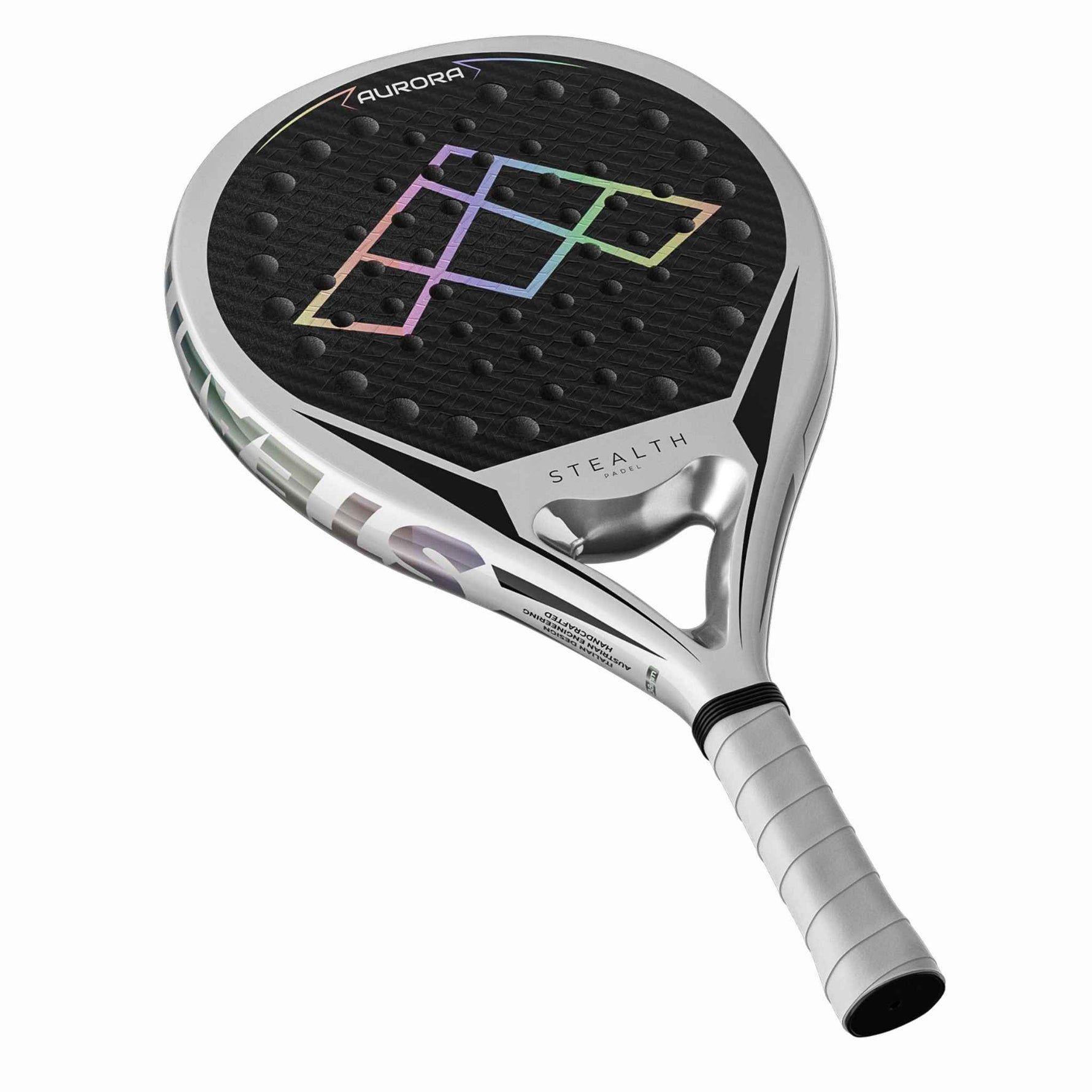 Stealth Padel Aurora Padelschläger schräg von oben – Griffdesign und Schlagfläche Tropfenform