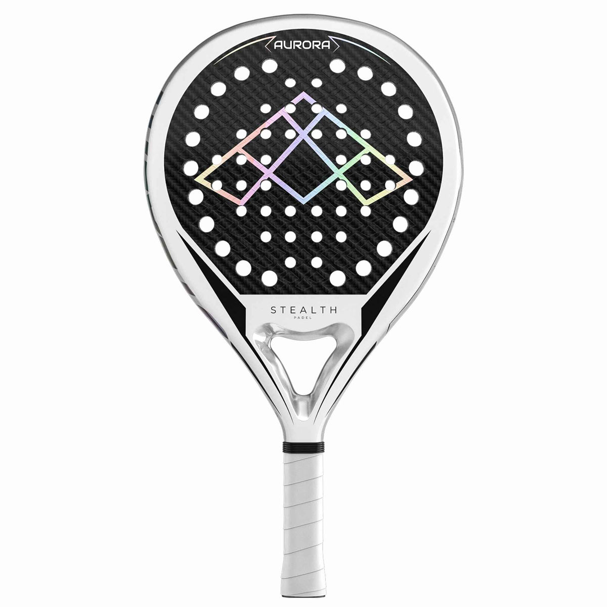Stealth Padel Aurora Padelschläger Vorderansicht – Carbon Oberfläche mit holografischem Logo, Tropfenform