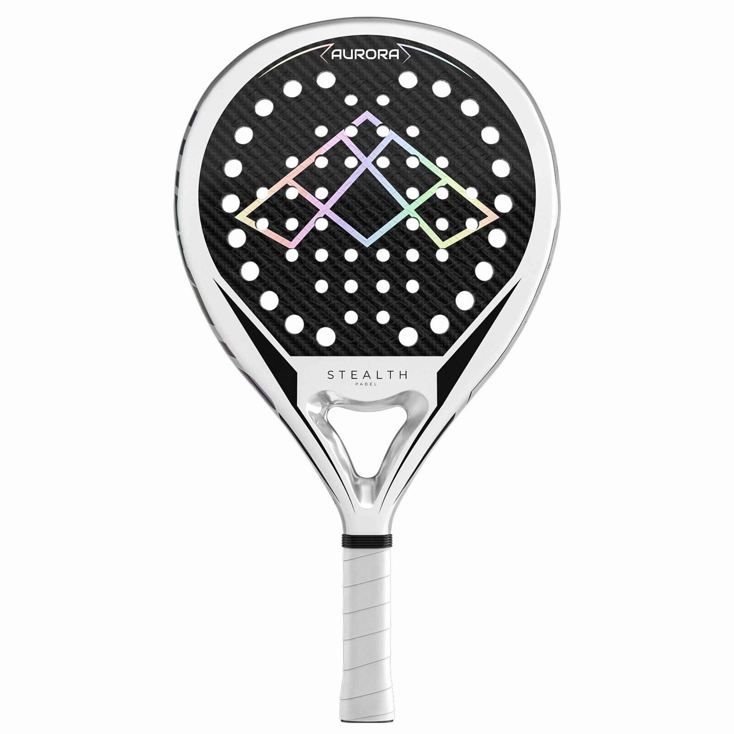Stealth Padel Aurora Padelschläger Vorderansicht – Carbon Oberfläche mit holografischem Logo, Tropfenform