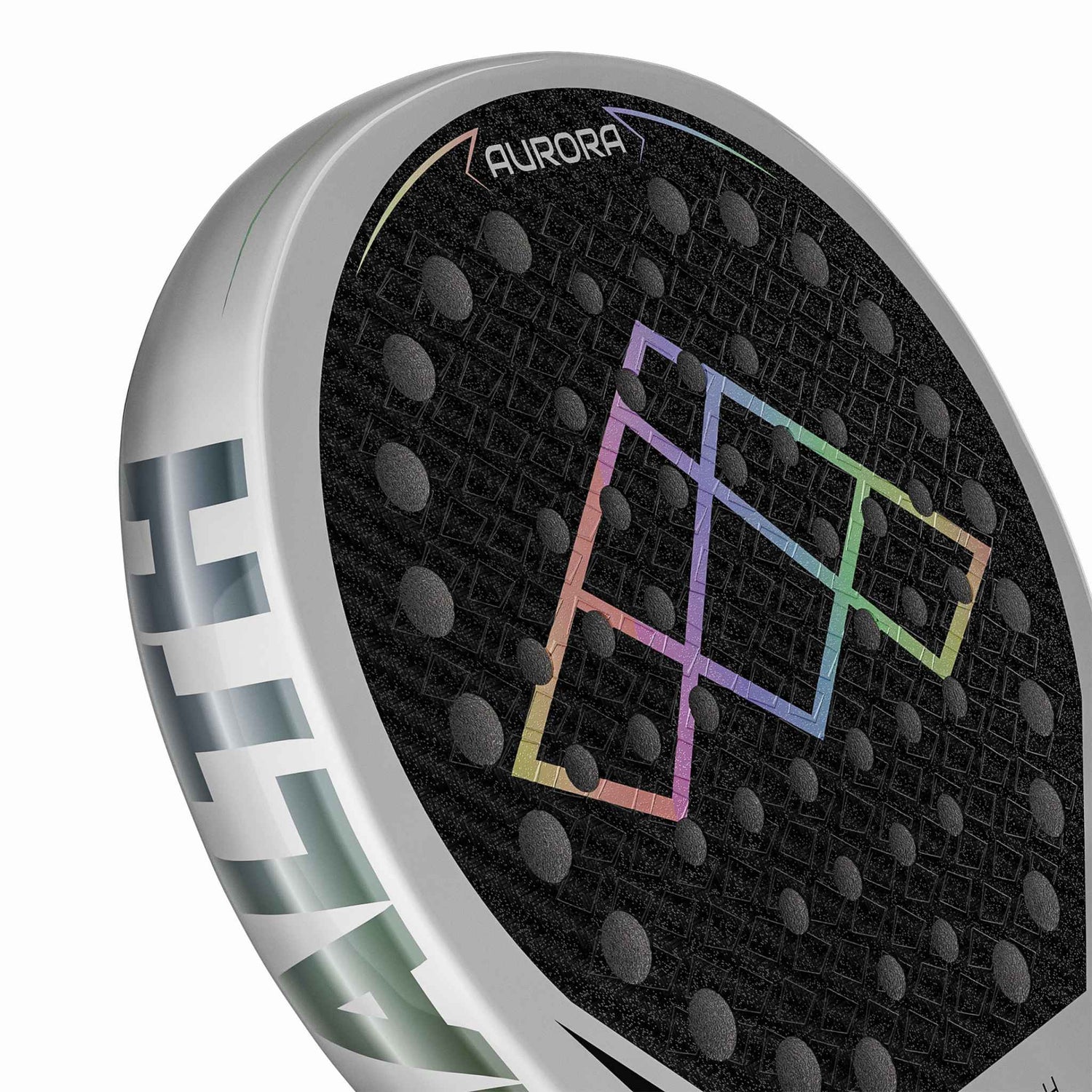 Stealth Padel Aurora Schlagfläche Detail – holografisches Logo, Carbon Noppen Textur Nahaufnahme