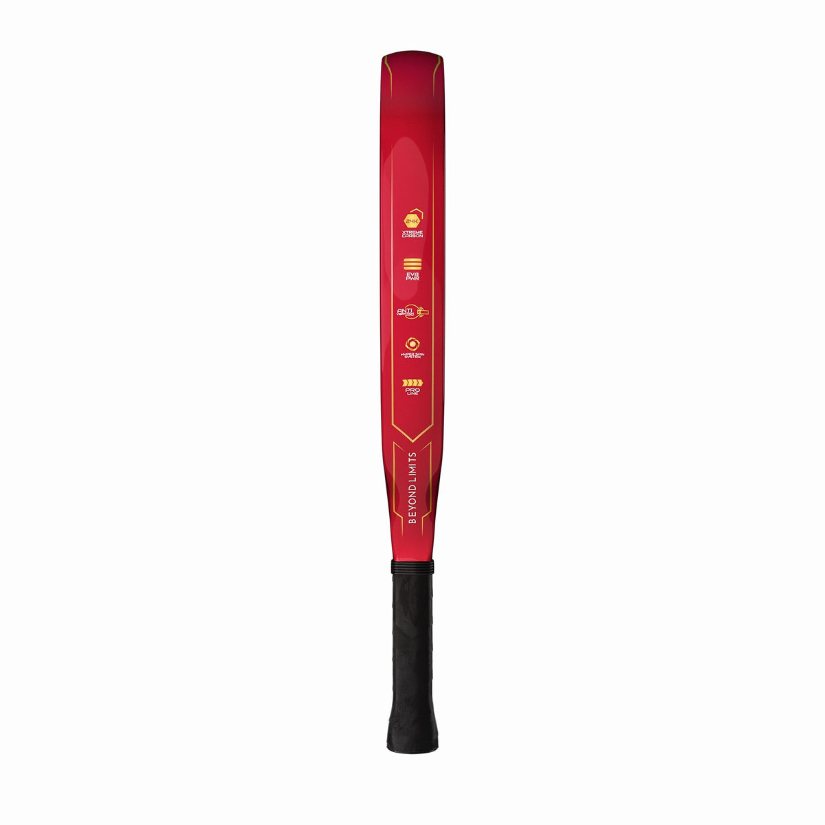 Stealth Padel Nemesis Seitenansicht mit Tech-Icons: 24K Xtreme Carbon, EVA PWR, Hyper Spin, Pro Line