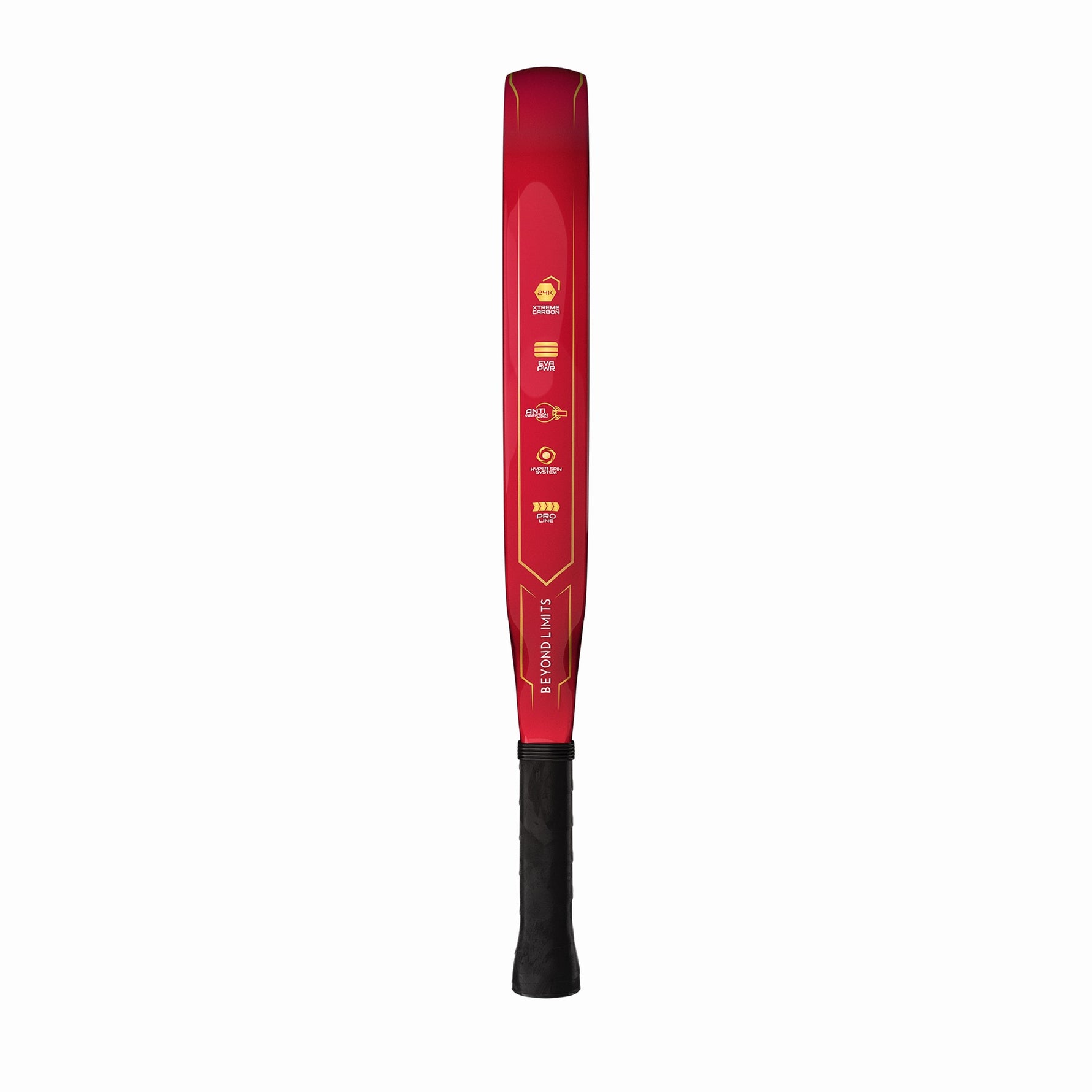 Stealth Padel Nemesis Seitenansicht mit Tech-Icons: 24K Xtreme Carbon, EVA PWR, Hyper Spin, Pro Line