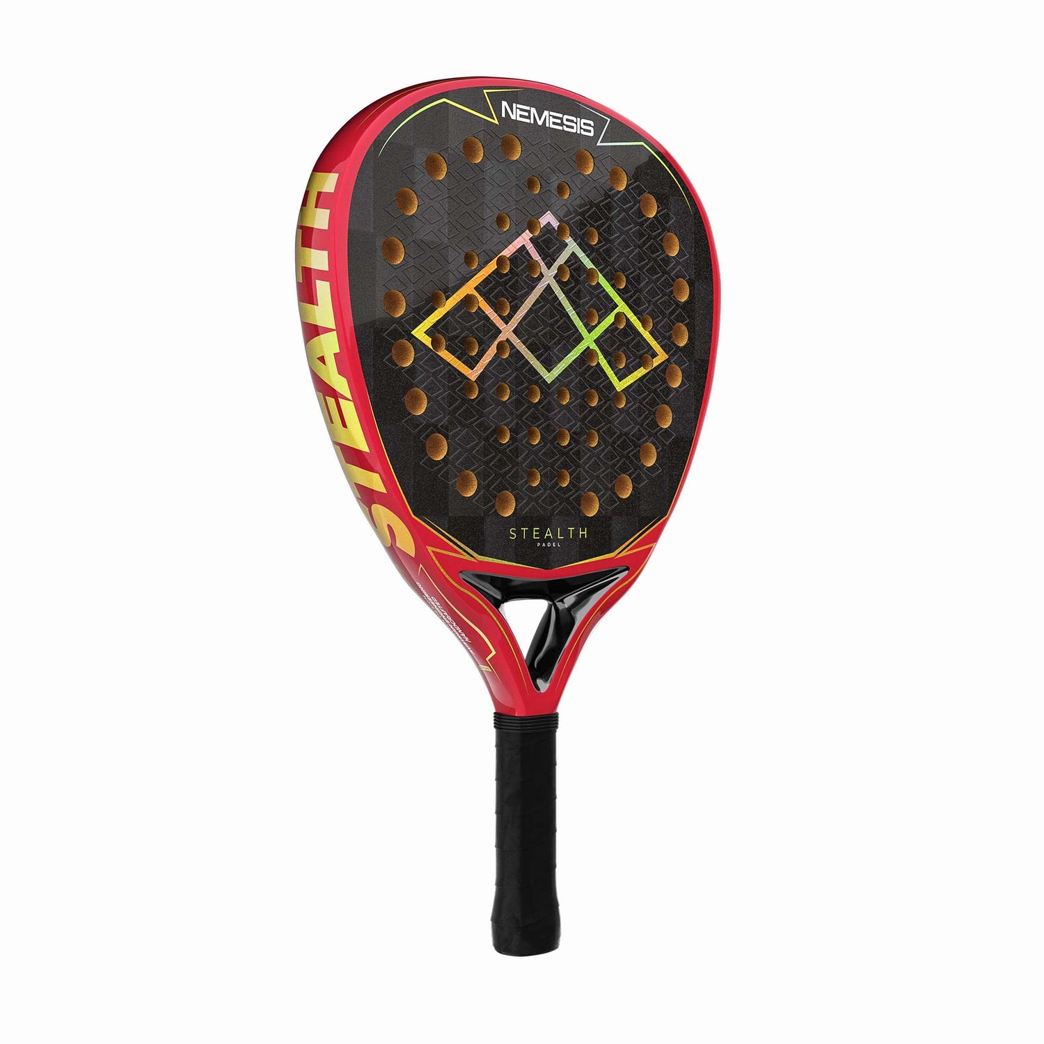 Stealth Padel Nemesis Padelschläger schräg von oben – Diamond-Hybrid in Rot mit 24K Carbon Schlagfläche